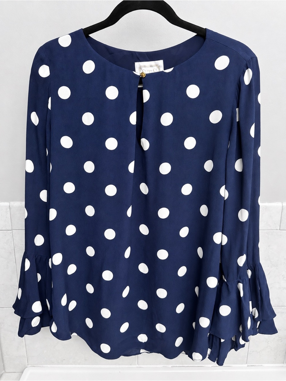Sail to Sable Navy and White Polka Dot Long-Sleeve Blouse